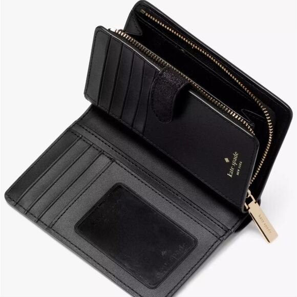NIB Kate Spade Medium Boxed Glitter Compact Bifold Wallet in Black - Picture 3 of 15